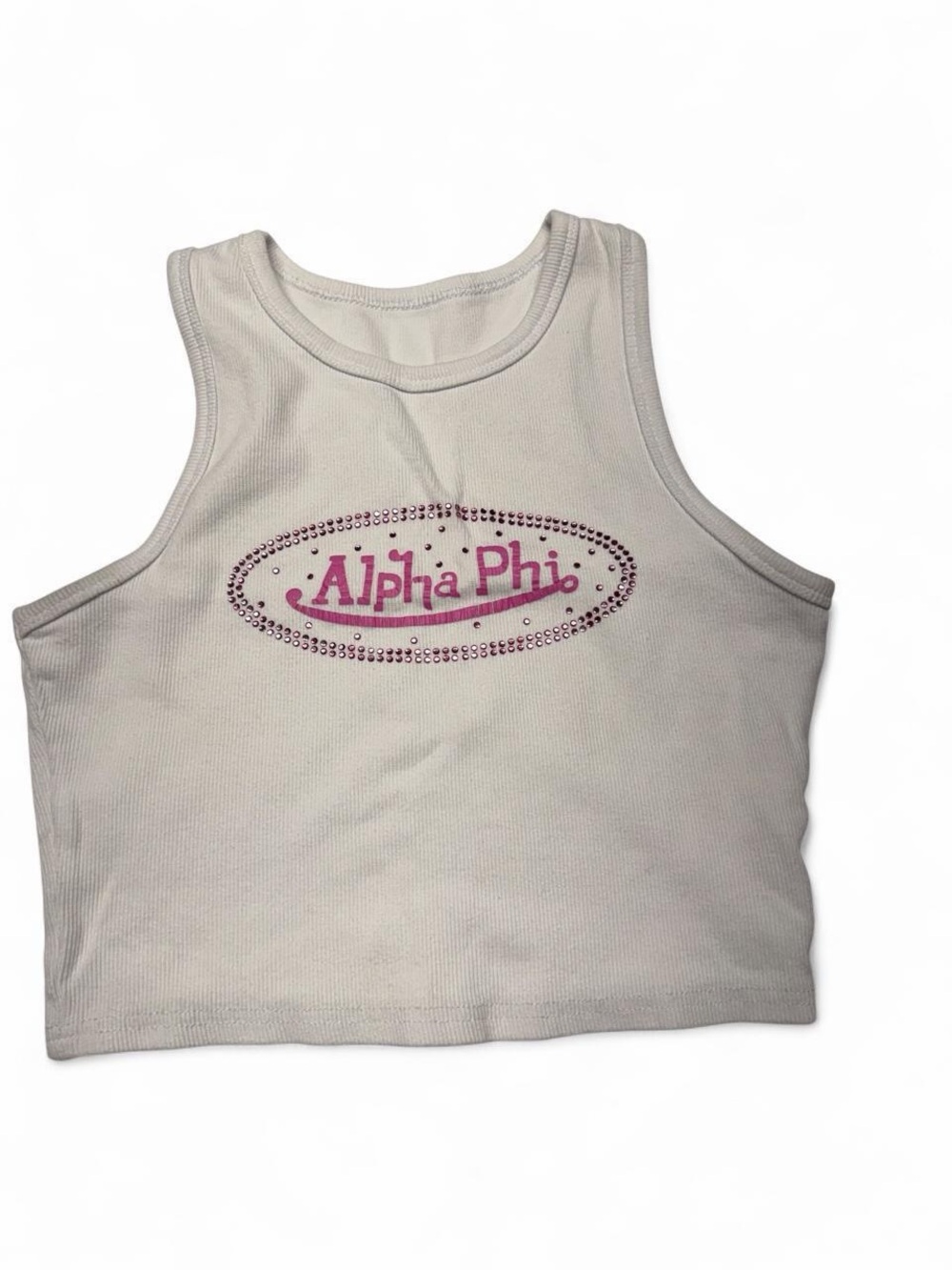 Alpha Phi Rhinestone Cropped Tank Top White Pink Y2K Sorority Size M